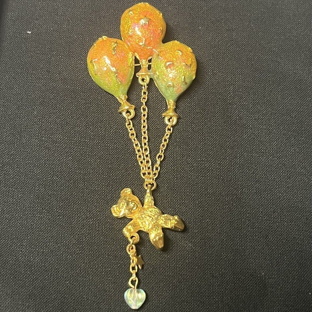 ❤️KIRKS FOLLY Up Up & Away Gold Tone Bear Hanging On Balloons Brooch| Pin